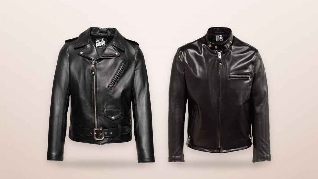 Black lambskin asymmetrical moto jacket and black heavyweight horsehide racer jacket