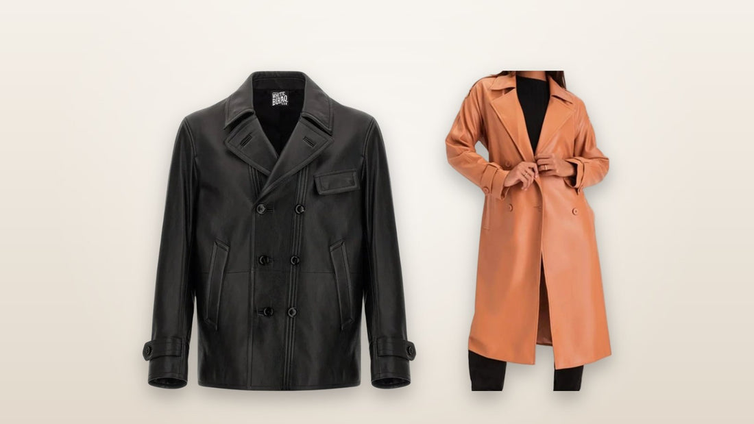 Men's black lambskin double-breasted leather jacket and women's brown lambskin double-breasted trench coat