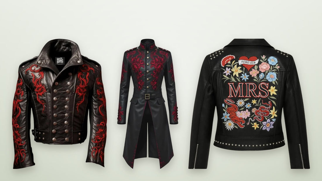 Men's Black Leather Jacket with Red Dragon Embroidery, Men's Black Leather Long Coat with Red Dragon Embroidery and Women's Leather Bridal Jacket with Custom Embroidered Text side by side