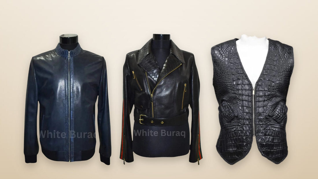 Men's navy leather bomber jacket with genuine python trim