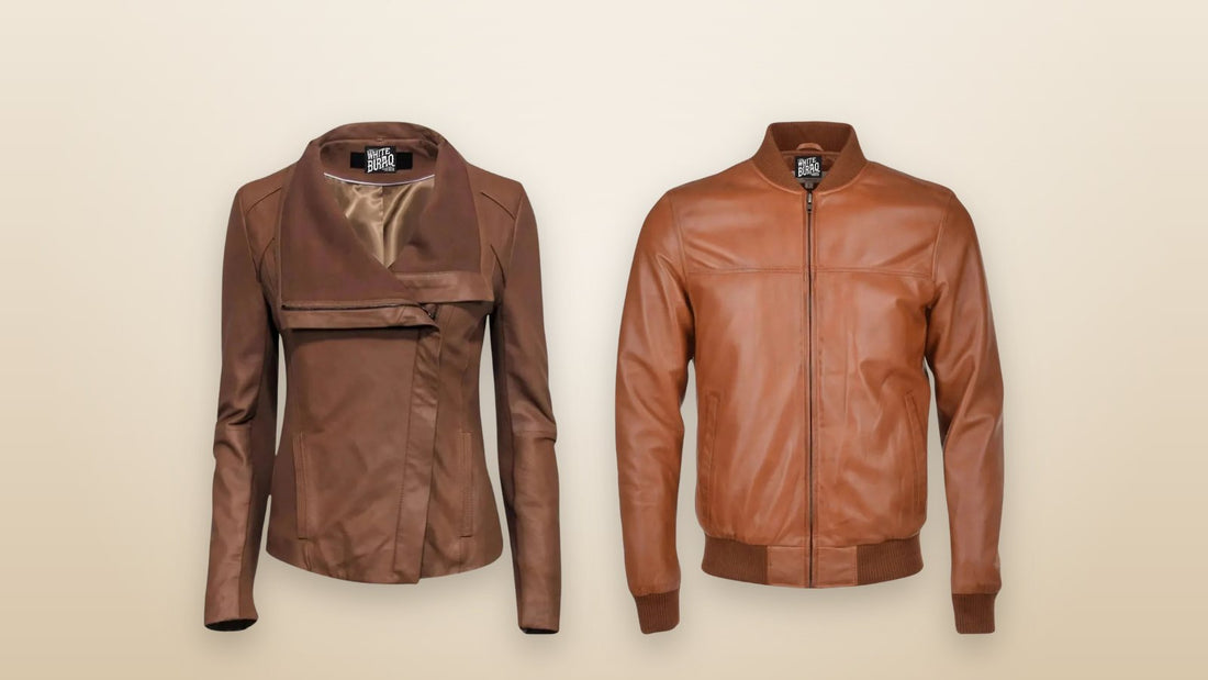 Women's distressed brown leather jacket and men's brown leather bomber jacket for fall family photos