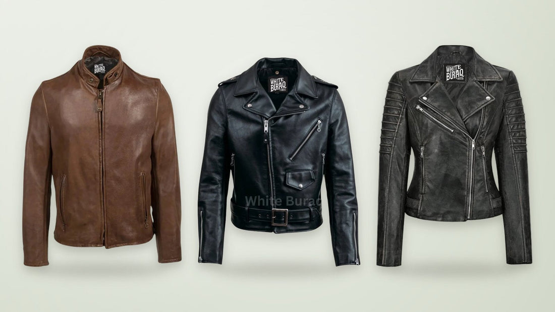 Distressed brown vintage cowhide cafe racer jacket, black leather asymmetrical biker jacket and women's black lambskin leather biker jacket