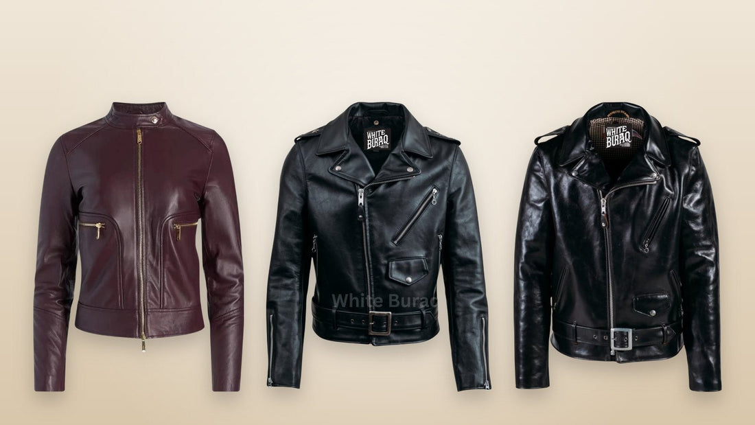 Women's maroon leather biker jacket with a snap-tab collar