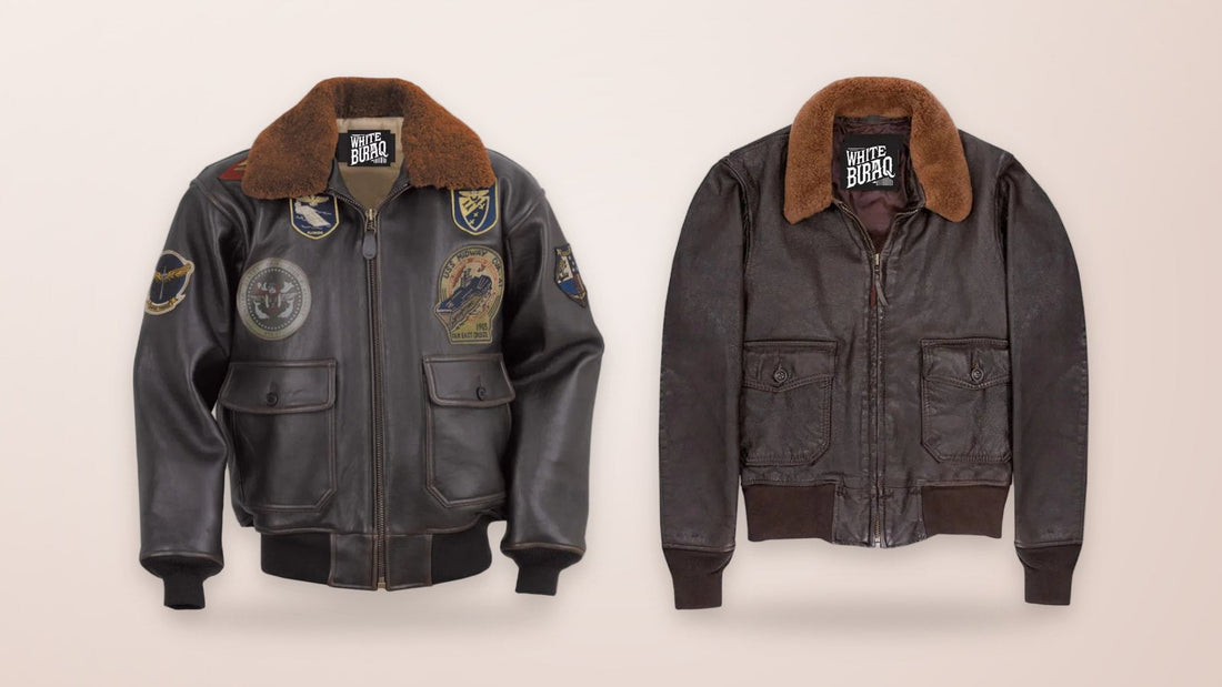 Men's black leather G-1 bomber jacket with sheepskin collar and men's distressed brown leather flight jacket with shearling collar