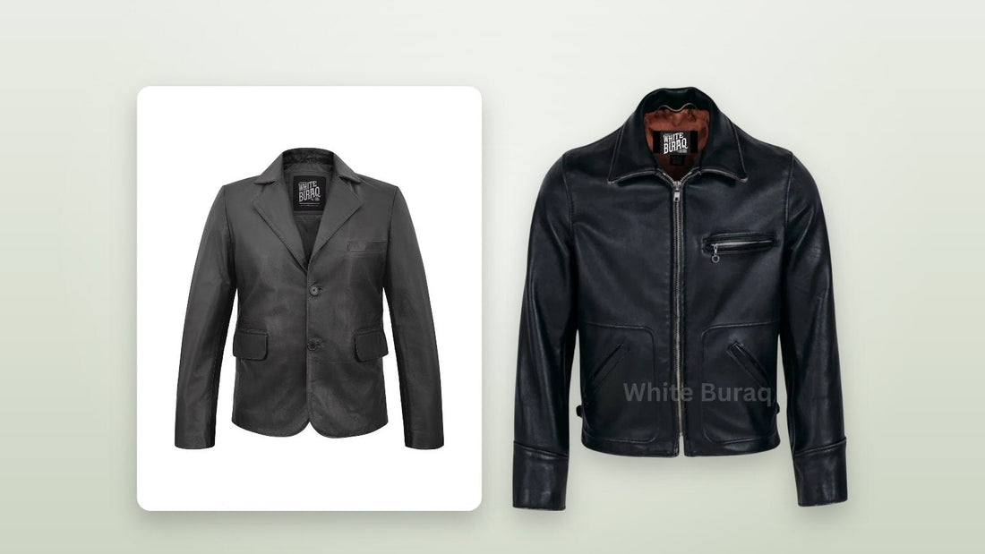 Men's lambskin leather two-button blazer and black leather tailored biker jacket for a groom