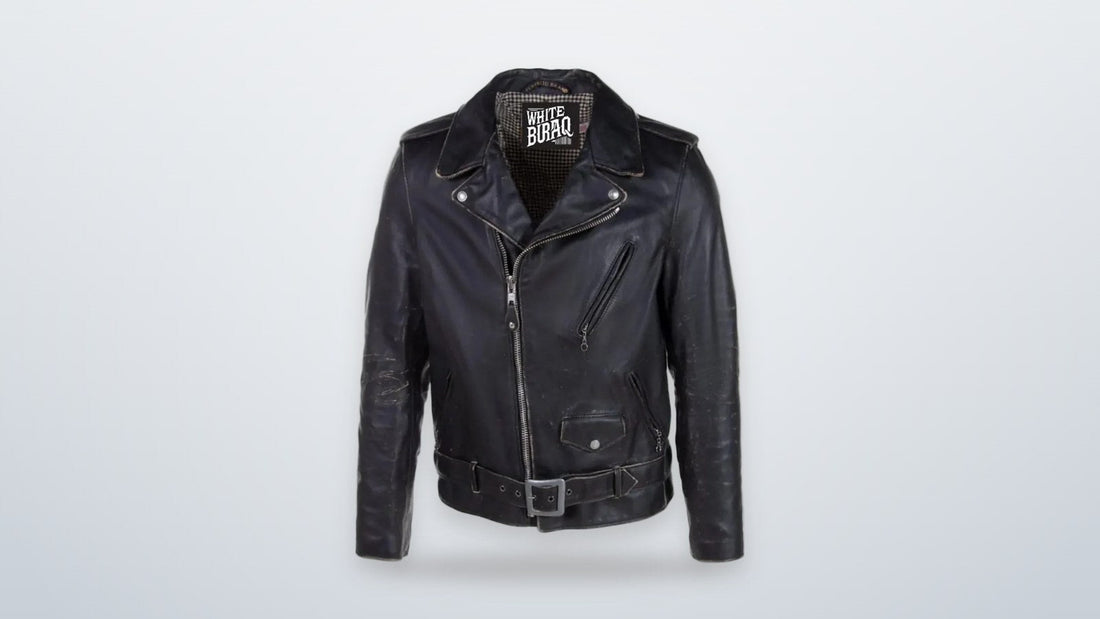 Men's black leather half-belt moto jacket