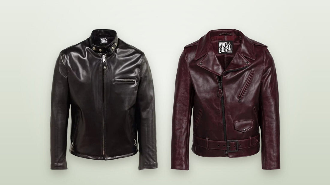 Men's black heavyweight horsehide racer jacket and heavyweight steerhide asymmetrical biker jacket compared side by side