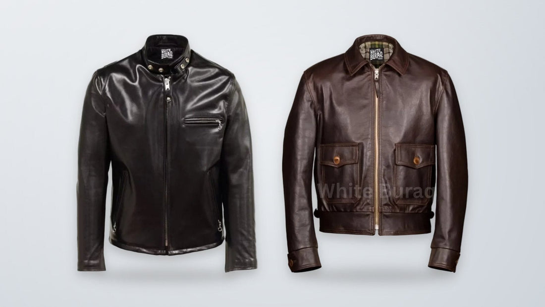 Black heavyweight horsehide racer jacket and distressed brown steerhide leather jacket with buckle cuffs