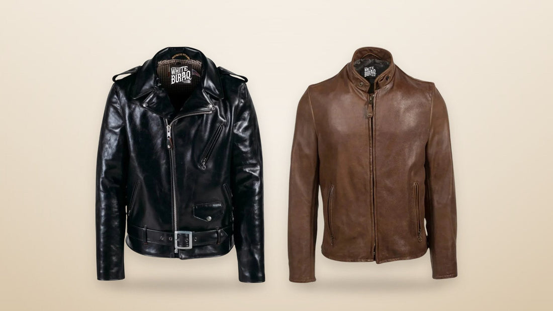 Black heavyweight cowhide biker jacket and distressed brown vintage cowhide cafe racer jacket
