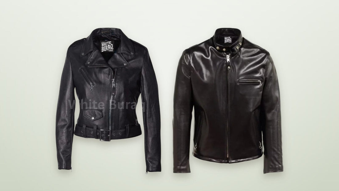 Women's lightweight lambskin leather jacket and men's black heavyweight horsehide racer jacket on a soft neutral background