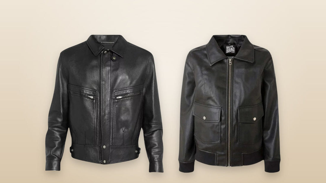 Men's and women's black leather bomber jackets on a soft neutral background