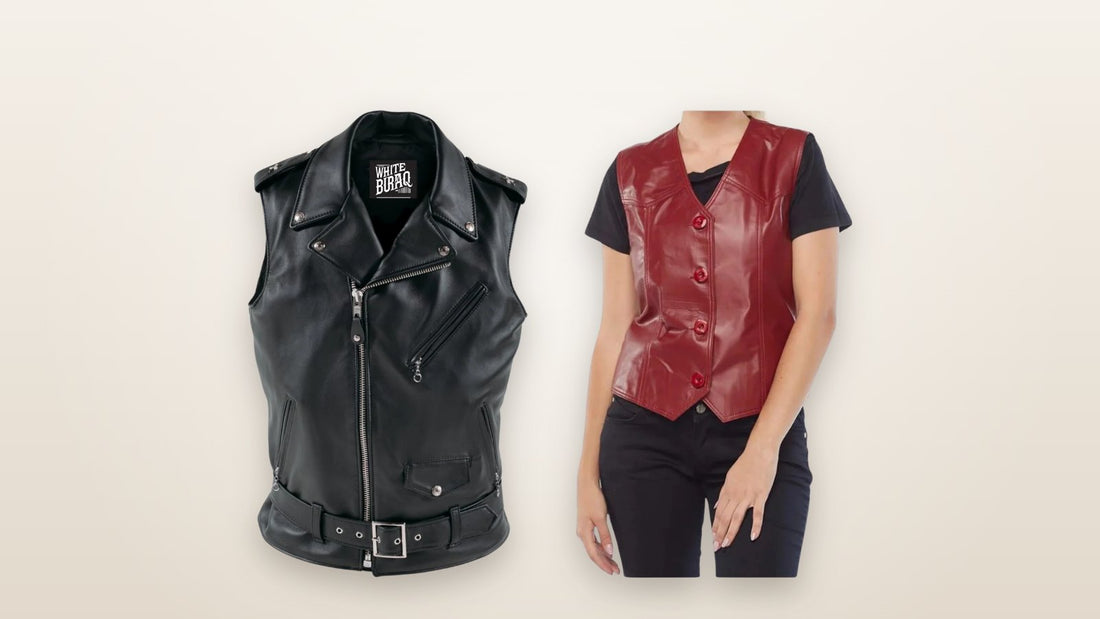Men's black leather biker vest and women's red lambskin leather vest for a vest fit guide