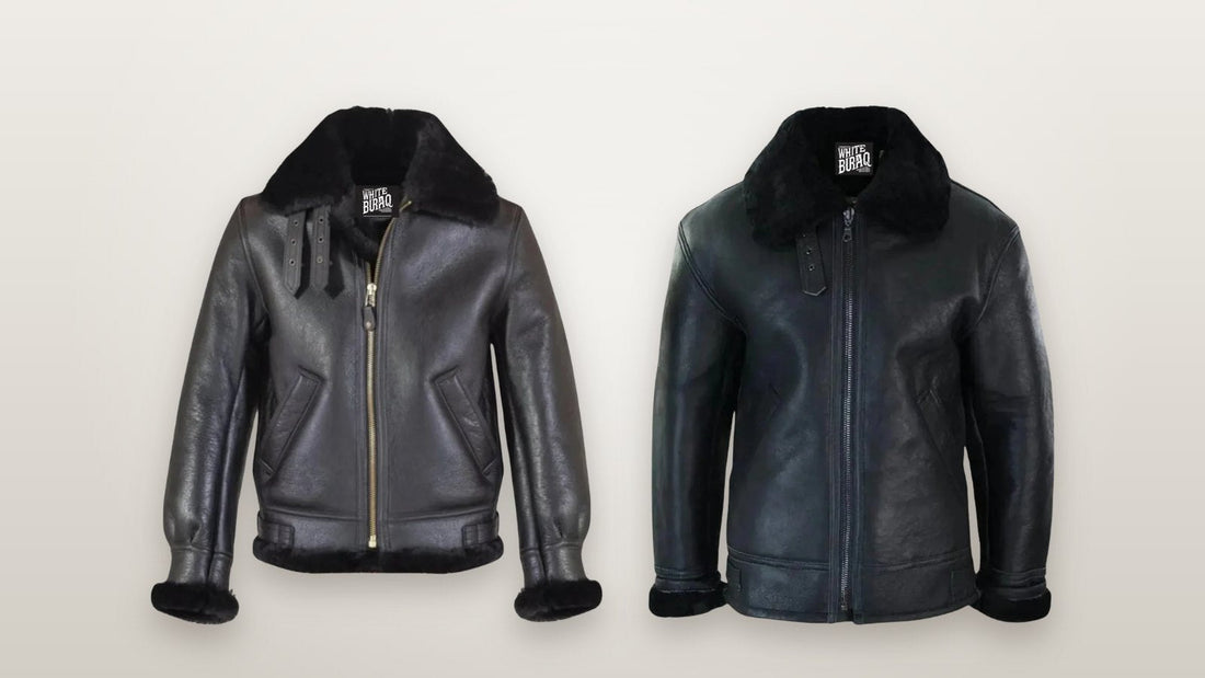 Men's sheepskin B-3 bomber jacket and black lambskin shearling aviator jacket showing collar and length