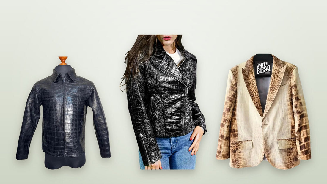 Men's black crocodile leather jacket, women's black crocodile leather biker jacket and men's distressed brown crocodile leather coat