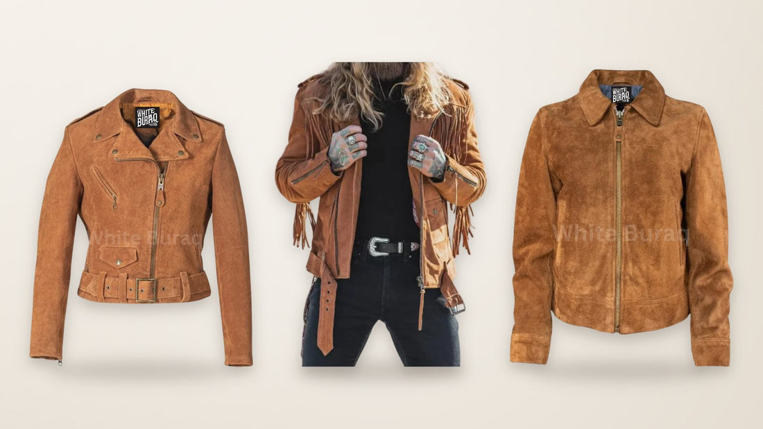 Women's brown cow suede jacket, men's brown suede western fringe jacket and women's brown suede trucker jacket