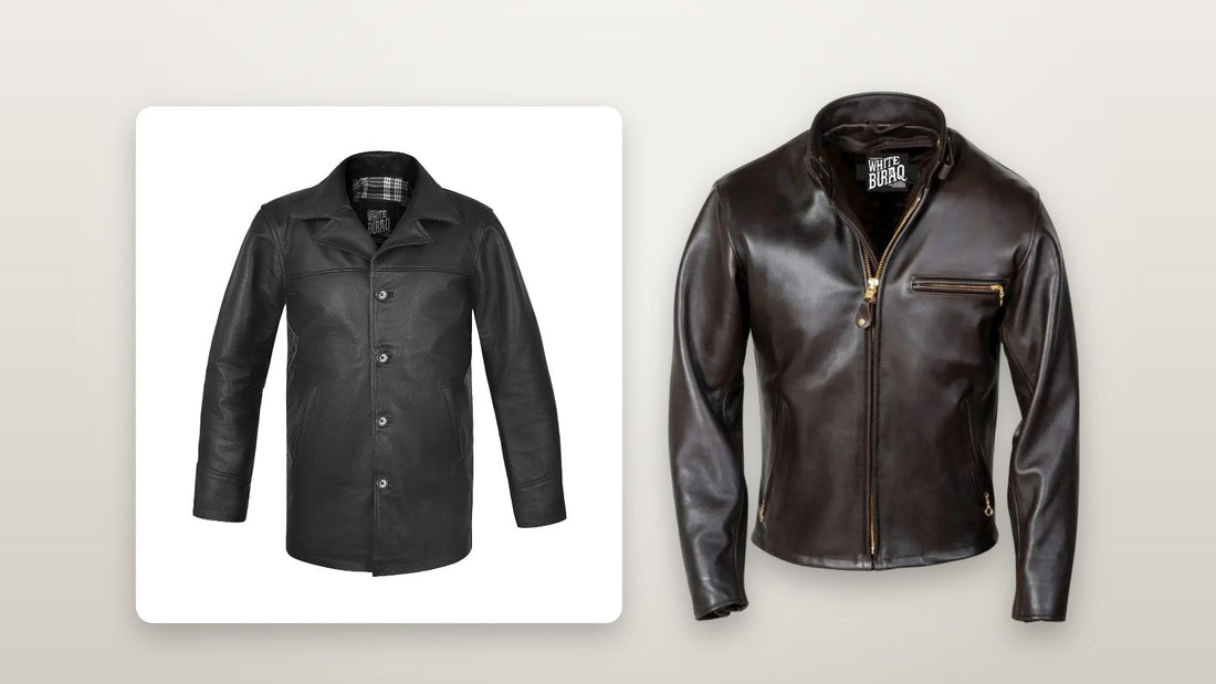 Men's black cowhide car coat with plaid lining and men's heavyweight cowhide racer jacket with zip-out liner