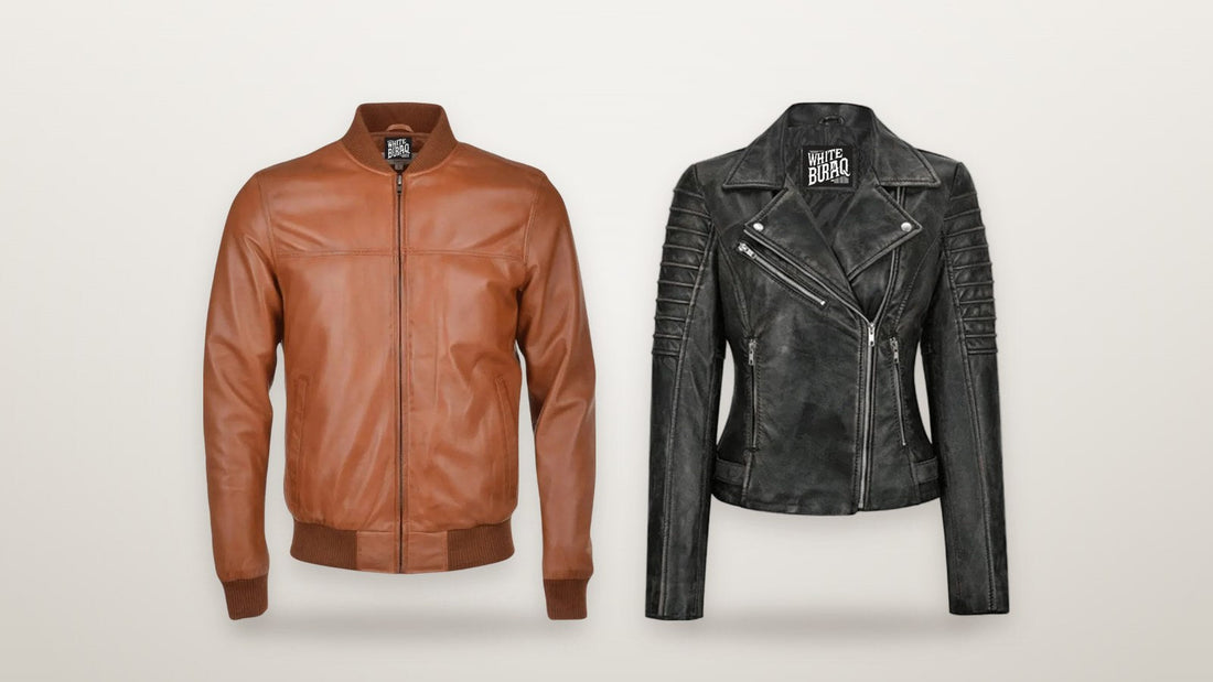 Brown leather bomber jacket and women's black lambskin leather biker jacket