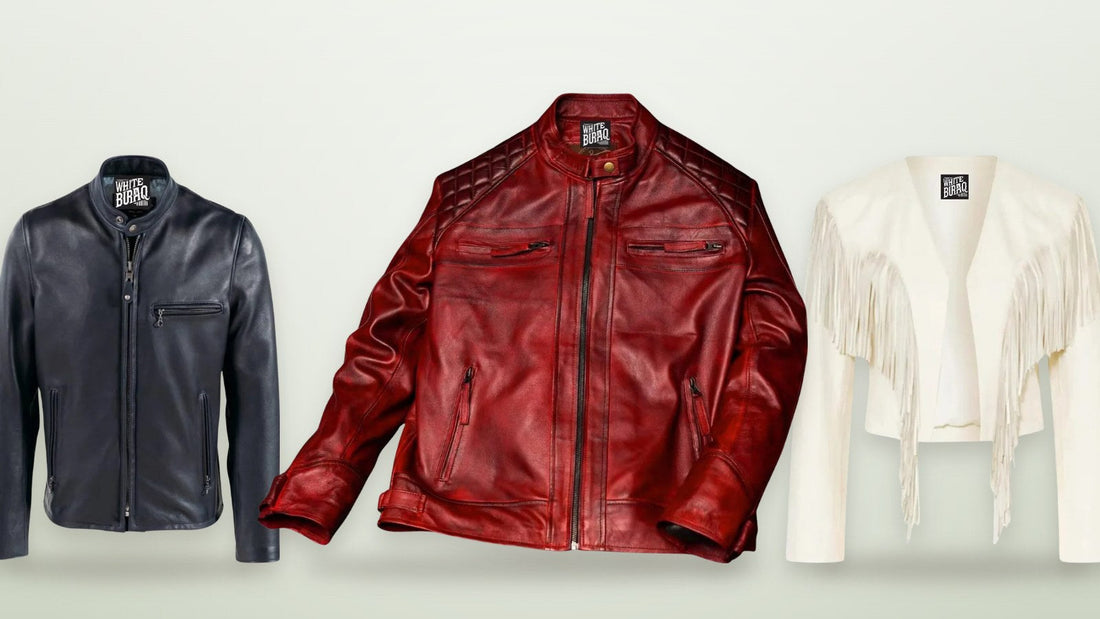 Navy waxed cowhide cafe racer jacket, burgundy leather biker jacket and women's white leather western fringe jacket