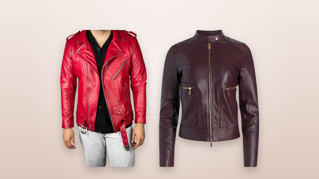 Red and maroon leather biker jackets in rich, even colors
