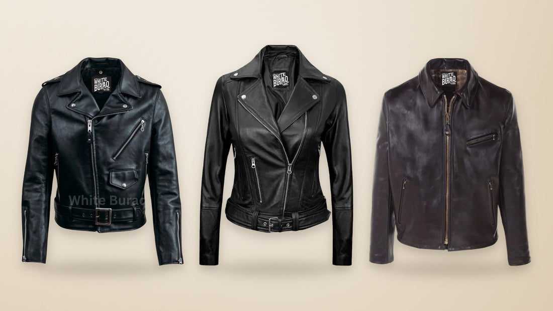 Men's black leather asymmetrical biker jacket, women's black leather asymmetrical moto jacket and men's black heavyweight cowhide racer jacket