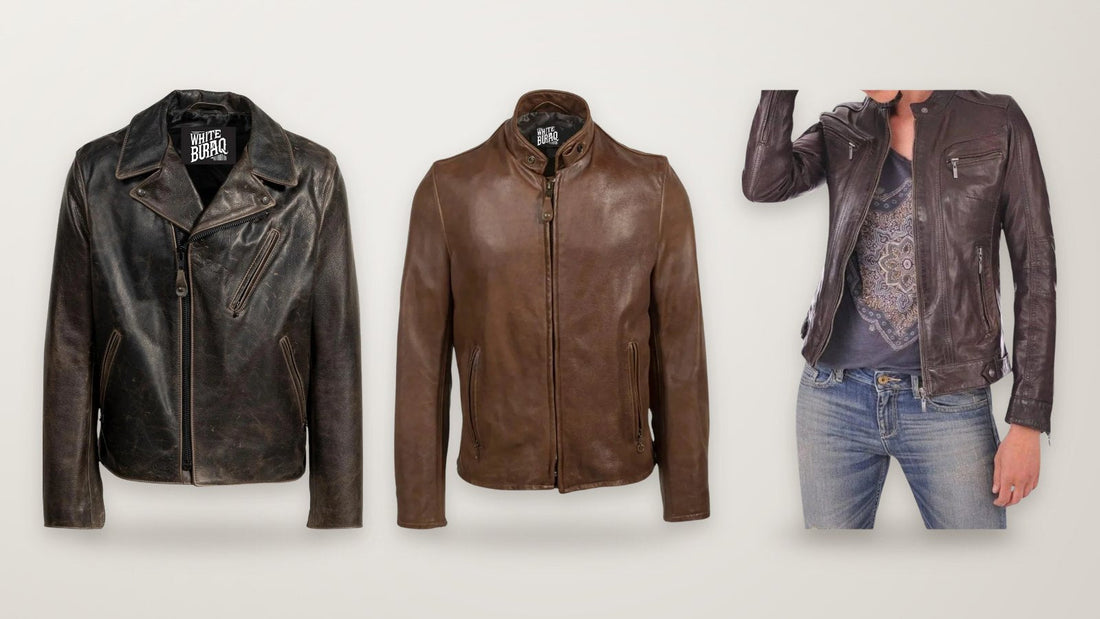 Black waxed cowhide moto jacket, distressed brown vintage cowhide cafe racer jacket and women's distressed brown lambskin cafe racer jacket