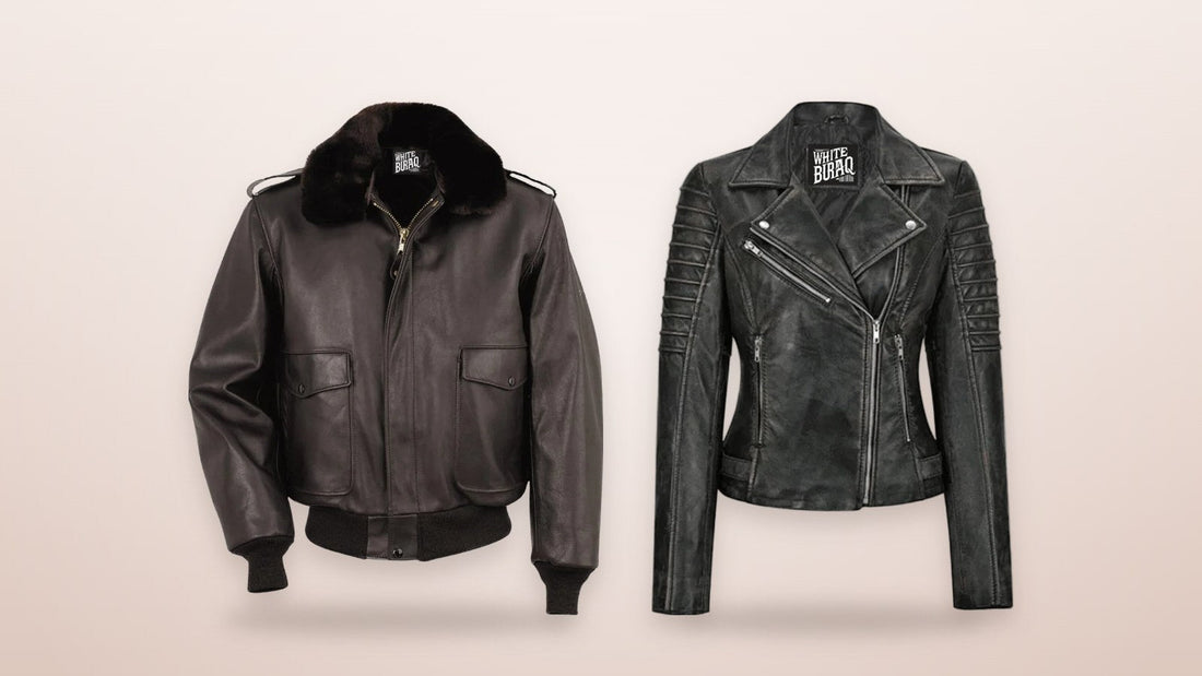 Men's cowhide A-2 flight jacket with zip-out liner and women's black lambskin leather biker jacket