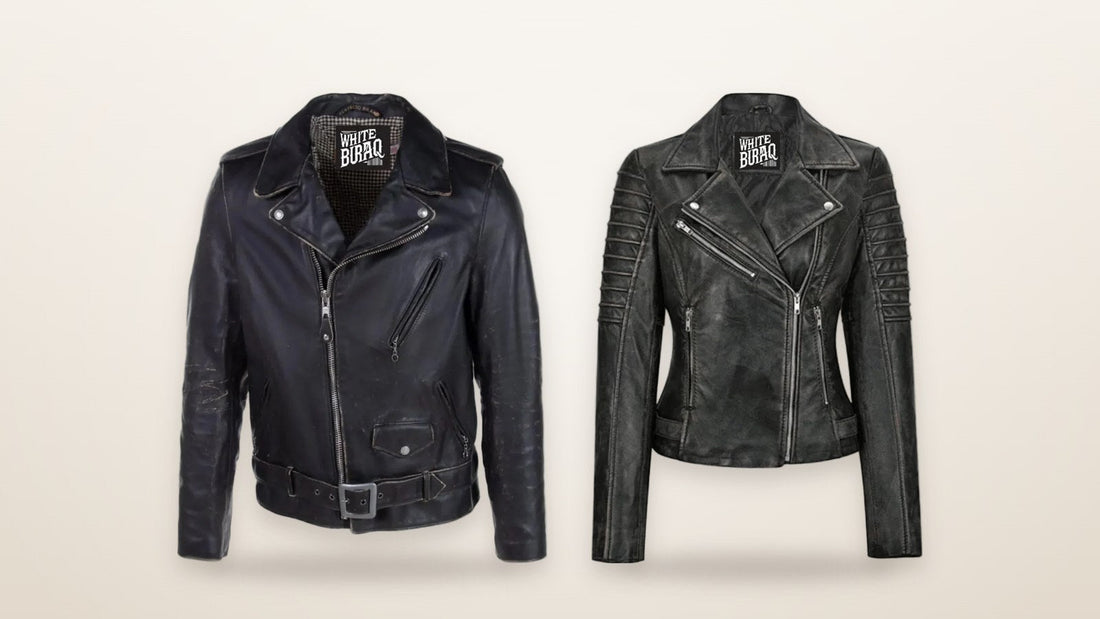 Men's black leather half-belt moto jacket and women's black lambskin leather biker jacket