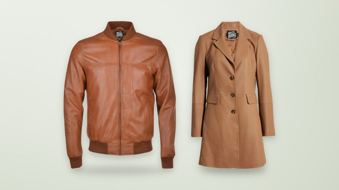 Men's brown leather bomber jacket and women's brown lambskin long leather coat