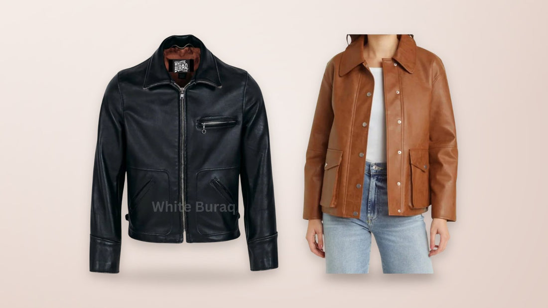 Men's black leather tailored biker jacket and women's distressed brown lambskin leather bomber jacket