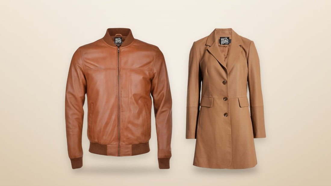 Men's brown leather bomber jacket and women's brown lambskin long leather coat
