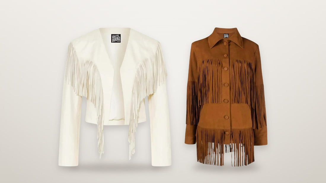 Women's white leather western fringe jacket and women's distressed brown leather fringe jacket