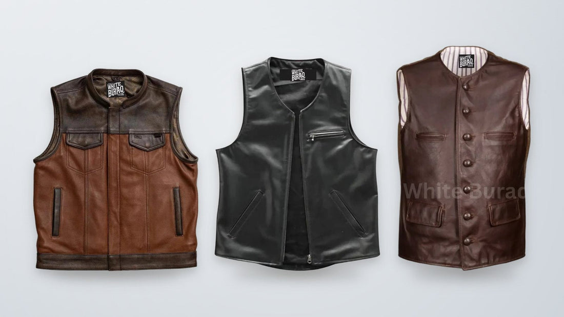 Brown leather biker vest, black lambskin western leather vest and distressed brown leather waistcoat