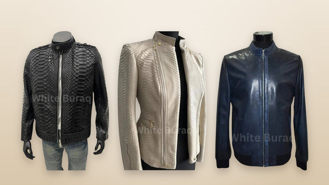Black python leather biker jacket with a natural scale pattern