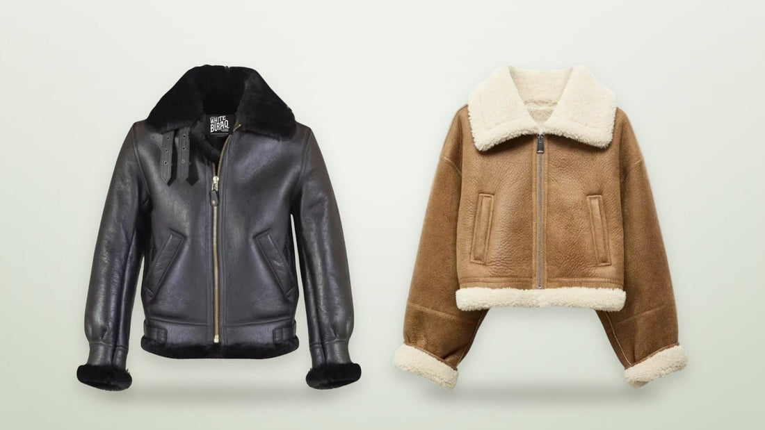 Men's sheepskin B-3 bomber jacket and women's brown lambskin cropped shearling jacket