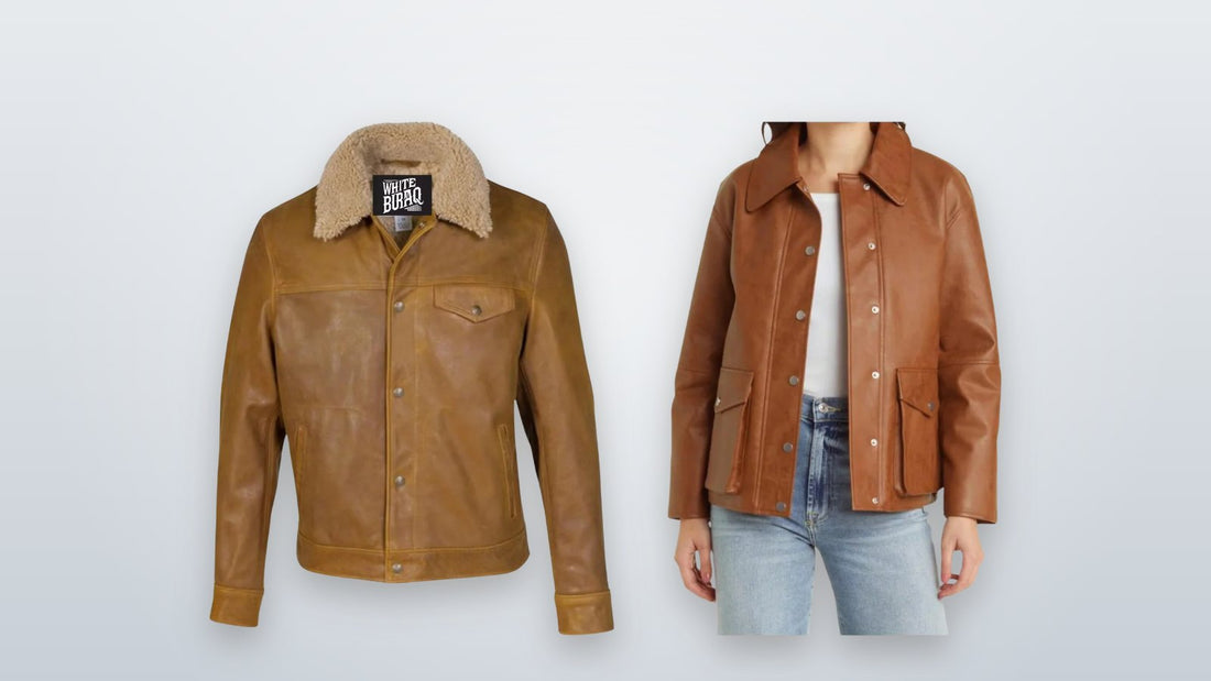 Brown buffalo leather trucker jacket and brown lambskin bomber jacket for fall leaf peeping outfits