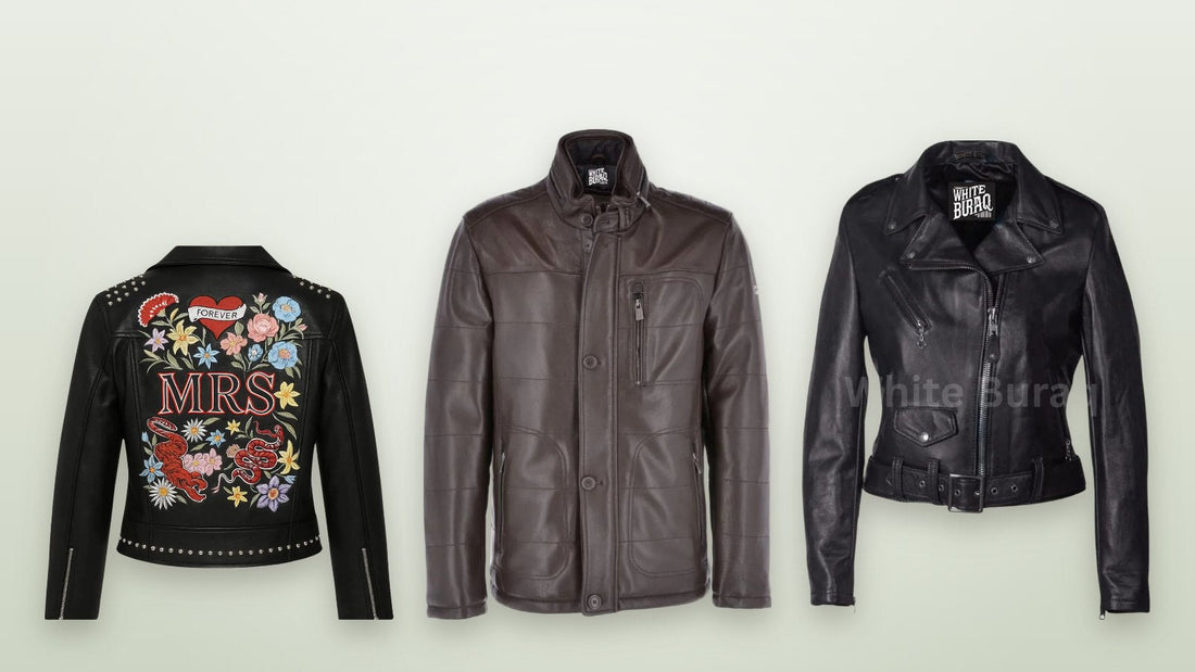 Women's leather bridal jacket with custom embroidered text, men's lambskin leather jacket with zip pockets and women's lightweight lambskin leather jacket