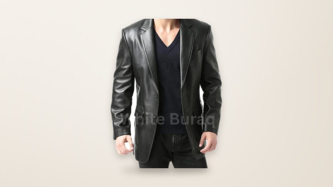 Black leather two-button blazer