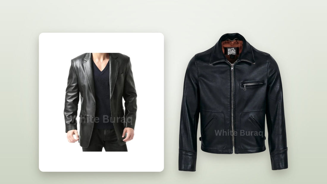 Black leather two-button blazer next to a black leather tailored biker jacket