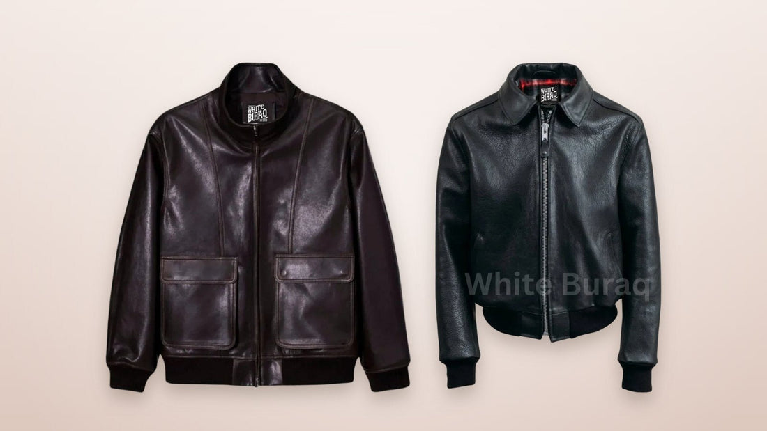Women's black leather blouson aviator jacket and men's black leather bomber jacket with ribbed collar on a soft neutral background