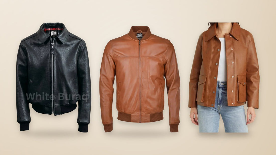 Men's black leather bomber jacket with ribbed collar, men's brown leather bomber jacket and women's distressed brown lambskin leather bomber jacket