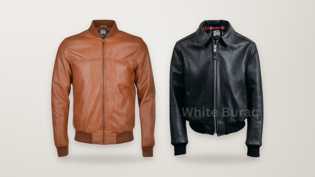 Brown leather bomber jacket and black leather bomber jacket with ribbed collar