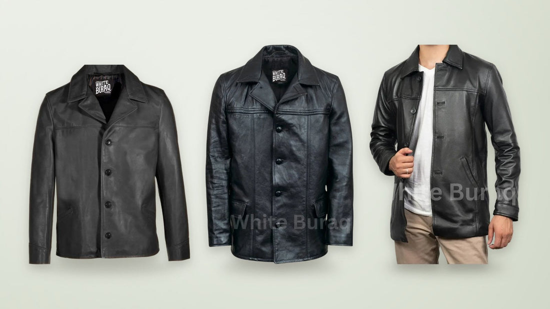 Men's black cowhide leather car coat, men's black leather mid-length car coat and men's lambskin leather car coat