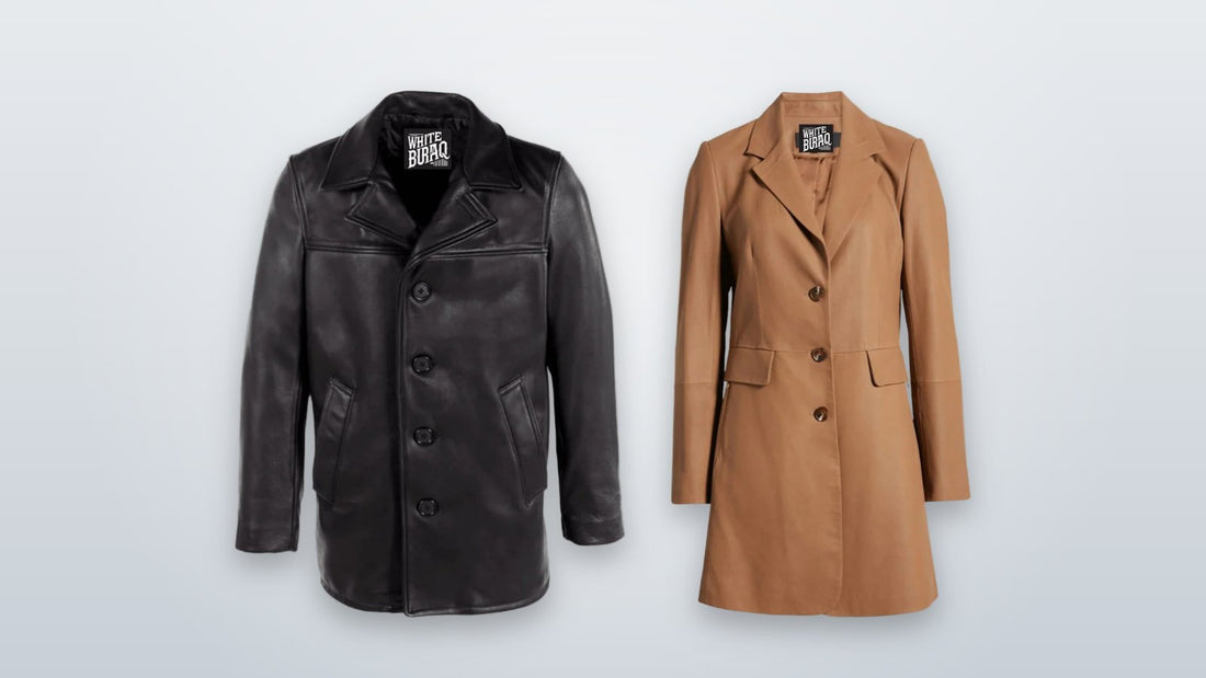 Men's black leather overcoat next to a women's brown lambskin long leather coat
