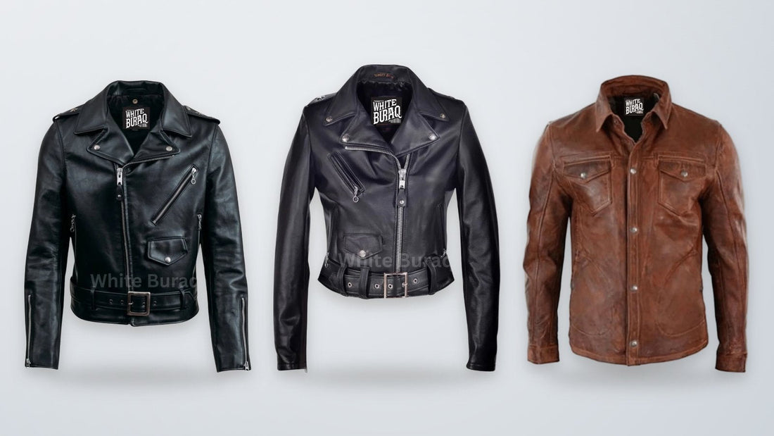 Men's black leather asymmetrical biker jacket, women's black lambskin cropped asymmetrical jacket and men's distressed brown lambskin trucker jacket