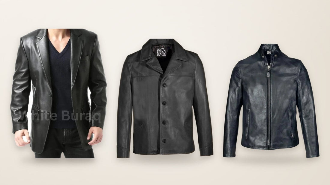 Black leather two-button blazer, black cowhide leather car coat and black lightweight cowhide cafe racer jacket