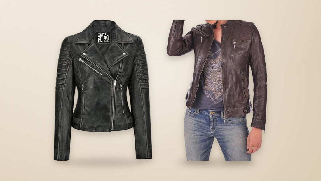 Women's black lambskin leather biker jacket and distressed brown lambskin cafe racer jacket