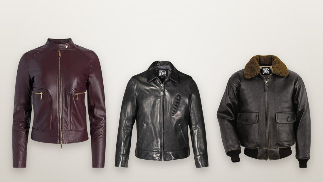 Women's maroon biker jacket with snap-tab collar, men's black waxed cowhide jacket with shirt collar and men's lambskin G-1 flight jacket with sheepskin collar