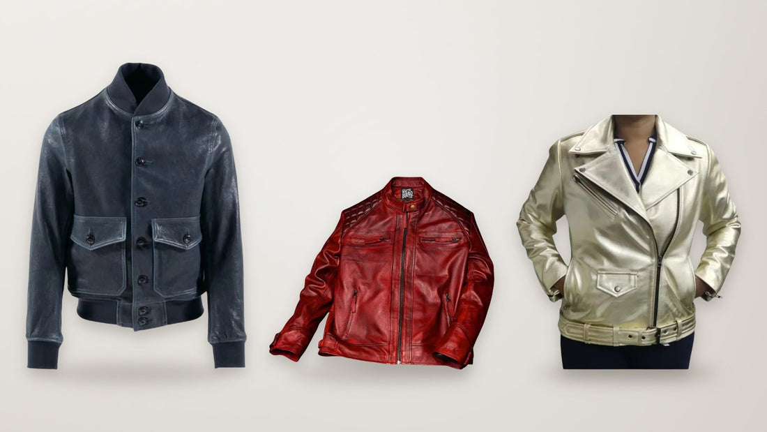 Men's navy lightweight lambskin A-1 flight jacket, men's burgundy cowhide quilted biker jacket and women's gold metallic lambskin asymmetrical biker jacket