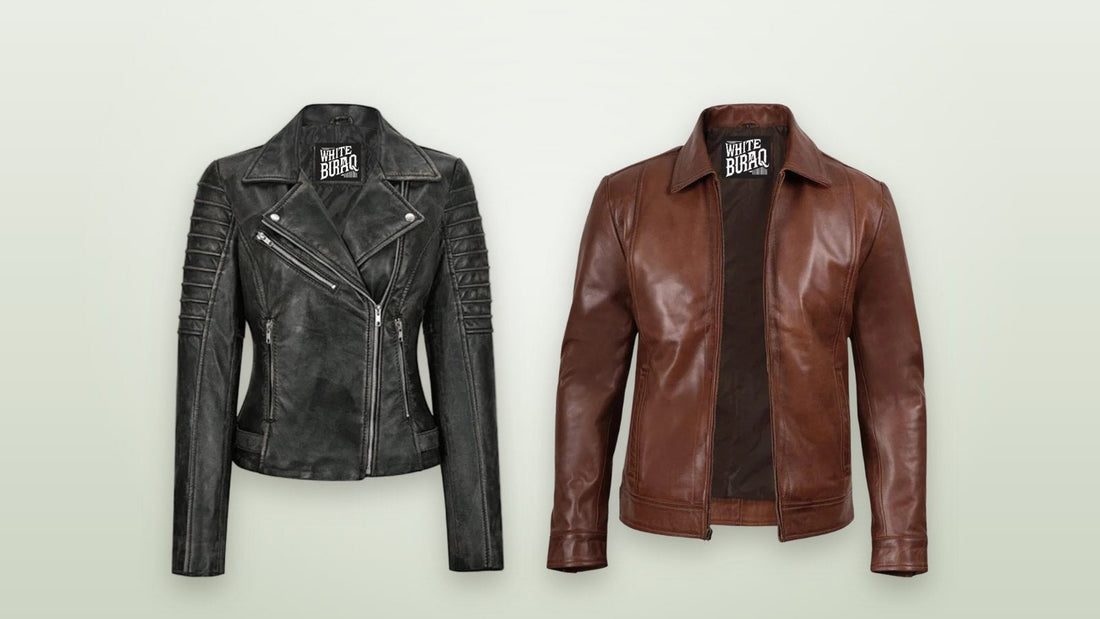 Women's black lambskin biker jacket and men's brown lambskin Harrington jacket