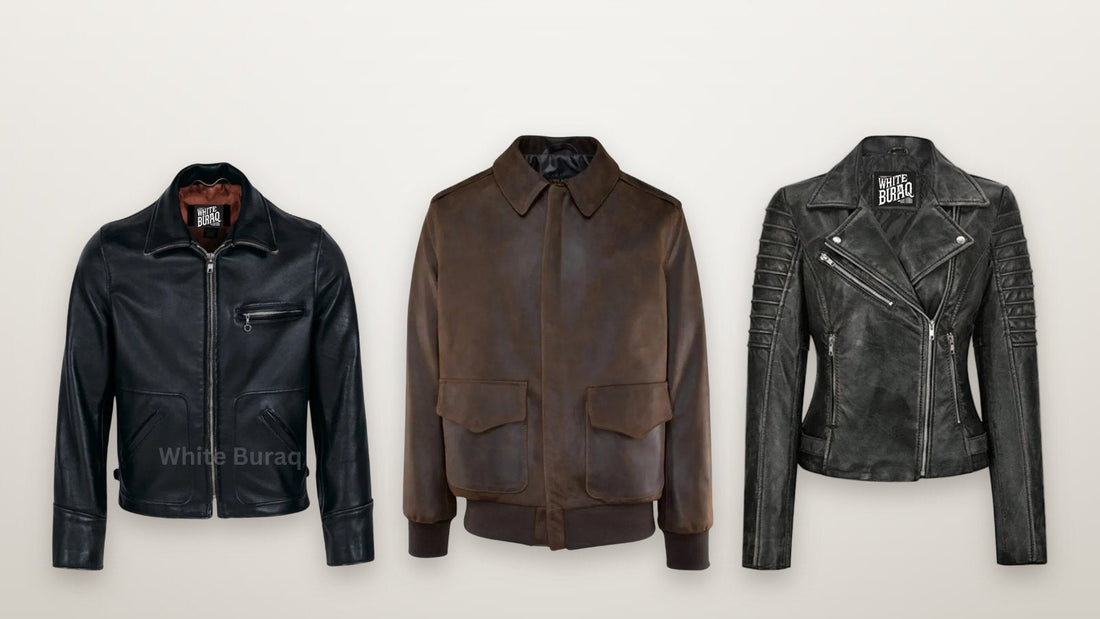 Men's black leather tailored biker jacket, men's distressed brown lightweight cowhide A-2 flight jacket and women's black lambskin leather biker jacket